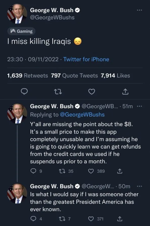 Eski ABD başkanı George W. Bush'u taklit eden hesap: "Iraklıları öldürmeyi özledim"