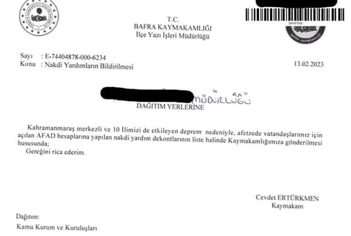 Bafra Kaymakamlığı, çalışanlardan AFAD’a yapılan yardımların dekontunu istedi!