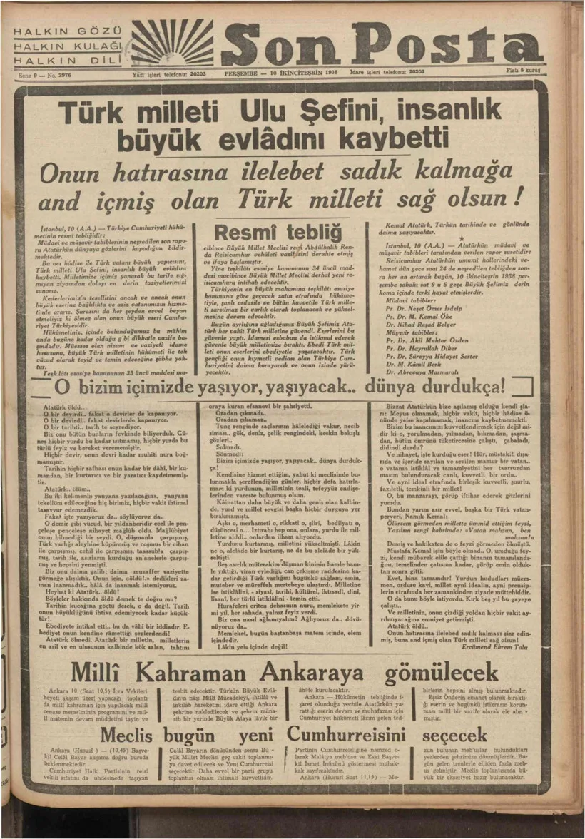 10 Kasım 1938'in gazete manşetleri: Atatürk'ün ölümü böyle duyuruldu - Resim: 11